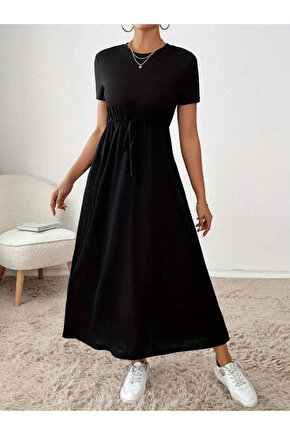 MDB Kadın Kısa Kollu Bisiklet Yaka Belden Bağcıklı Cepli Viskon Elbise