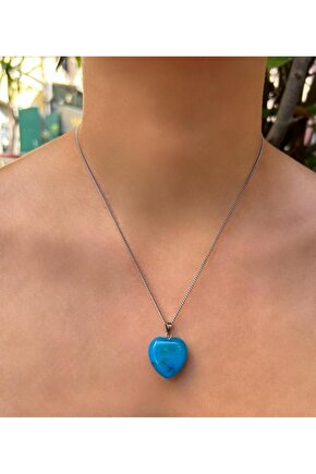 Bombeli Kalp Model Mavi Akik Doğal Taş Kolye