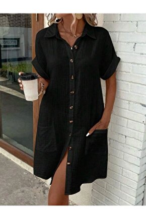 Kadın Kısa Kollu Bisiklet Yaka Yandan Yırtmaçlı Viskon Midi Elbise