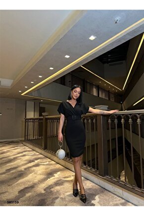 Kadın Dalgıç Krep V Yaka Ve Sırt Dekolte Detaylı Elbise