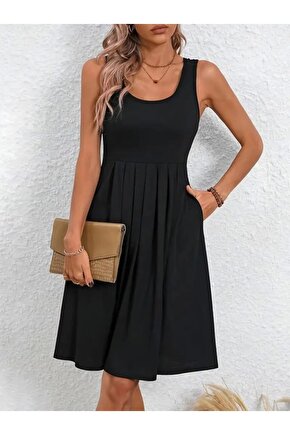 Kadın Askılı Yuvarlak Yaka önden Pileli Viskon Elbise