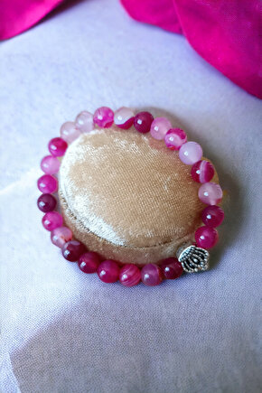 Akik Taşı Bileklik Orijinal Doğal Taş Bileklik Pembe Beyaz Desenli Bileklik Doğal Taş Bileklik