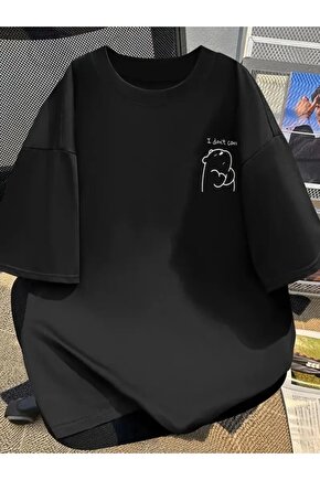 Baskılı Oversize Bisiklet Yaka T-shirt - Siyah