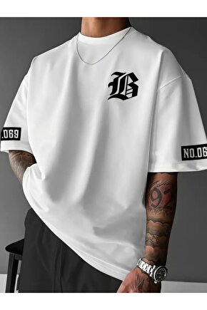 Baskılı Oversize Bisiklet Yaka T-shirt - Beyaz