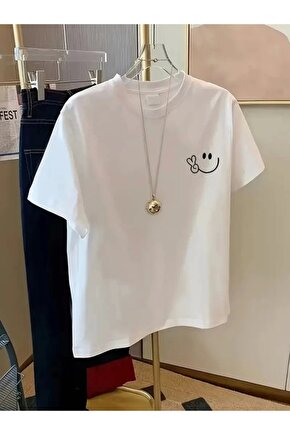 Baskılı Oversize Bisiklet Yaka T-shirt - Beyaz