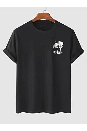 Baskılı Oversize Bisiklet Yaka T-shirt - Siyah