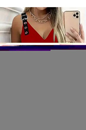 Kadın Askılı Derin V Yakalı Kuş Gözü Detaylı Janjan Krep Elbise