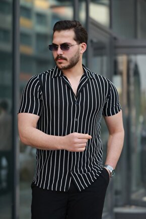 munn collection Erkek Kısa Kollu Beyaz çizgi Desenli örme Kumaş Pamuklu Gömlek