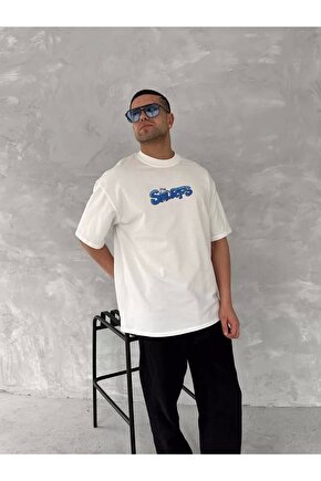 Ön ve Arka Baskılı Oversize Bisiklet Yaka T-shirt- Beyaz