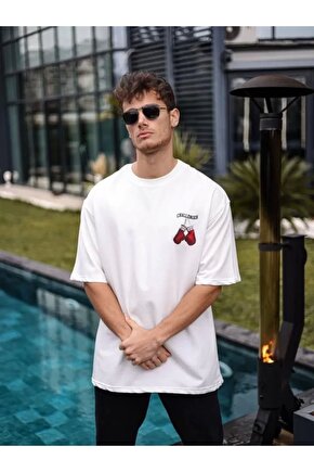 Unisex Bisiklet Yaka Baskılı Oversize T-Shirt - Beyaz