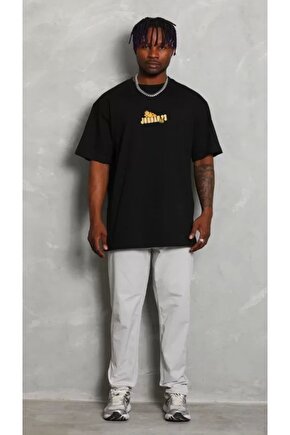 Unisex Bisiklet Yaka Baskılı Oversize T-Shirt - Siyah