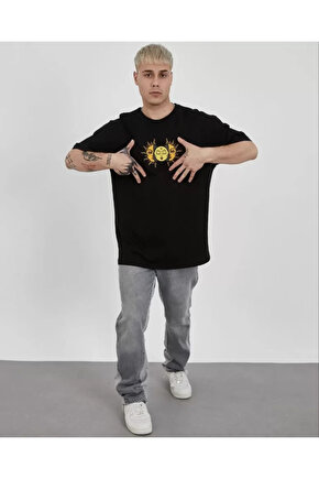 munn collection Unisex Bisiklet Yaka Baskılı Oversize T-Shirt - Siyah