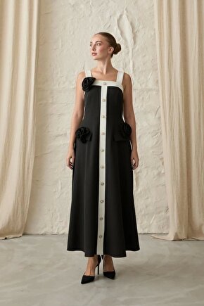 Siyah Güllü Askılı Elbise