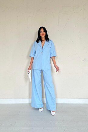 Mavi Önü Tek Düğmeli Ceket Pantolon Takım