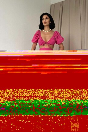Fuşya Brode Crop Ve Mini Etek Takım