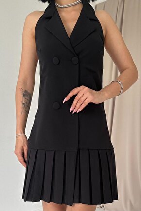 munn collection Siyah Sırtı Açık Ceket Yakalı Elbise