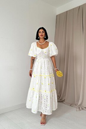 Sarı Dantel Detaylı Brode Elbise