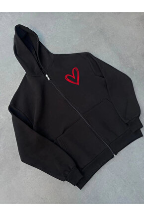 MDB Üç İplik Baskılı Fermuarlı Kapşonlu Hırka iyah