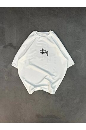 Unisex Bisiklet Yaka Baskılı Oversize Thirt  Beyaz