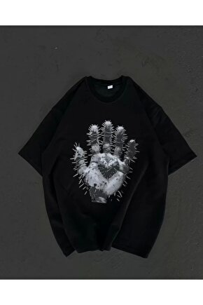 Unisex Bisiklet Yaka Baskılı Oversize Thirt  iyah