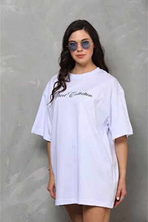 Unisex Bisiklet Yaka Baskılı Oversize Thirt  Beyaz