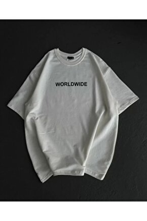 Unisex Bisiklet Yaka Baskılı Oversize Thirt  Beyaz