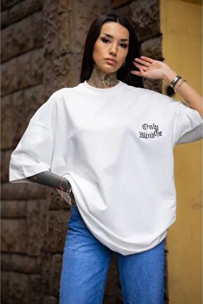 Unisex Bisiklet Yaka Baskılı Oversize Thirt  Beyaz