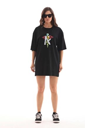 Unisex Bisiklet Yaka Baskılı Oversize Thirt  iyah