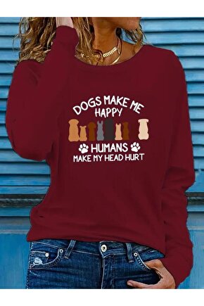 Kadın Uzun Kollu Bisiklet Yaka Köpek Resimli Viskon Bluz