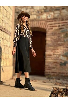 Kadın Uzun Kollu Kruvaze Yaka Dalgıç Krep Midi Boy Elbise