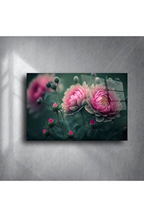 Lüks Cam Tablo Pembe Şakayık Çiçek Desenli Modern Duvar Dekoru