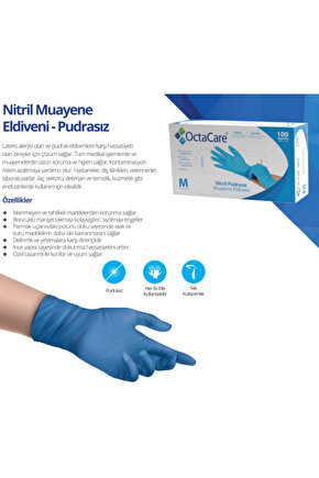 OctaCare Nitril Pudrasız Muayene Eldiveni Mavi Medium Beden