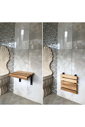 Meşe Rengi Ahşap Katlanır Duvara Monte Duş Taburesi Meşe 32x37,5