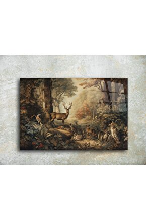Geyik ve Orman Manzarası Cam Tablo Duvar Dekoru