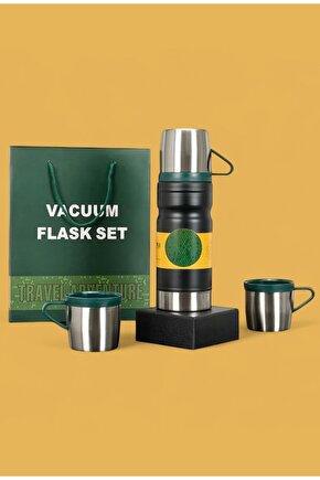 Paslanmaz Çelik 680 Ml Vakumlu Termos Seti – 3’lü Çelik Bardaklı
