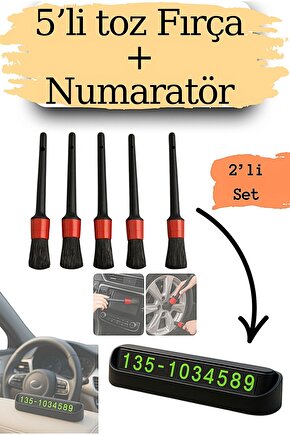 5’li Araç Detaylandırma Toz Fırça Seti + Araç İçi Telefon Numaratör Park Levhası