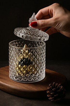 Desenli Cam Kapaklı Lüks Mumluk  Şekerlik 17x10