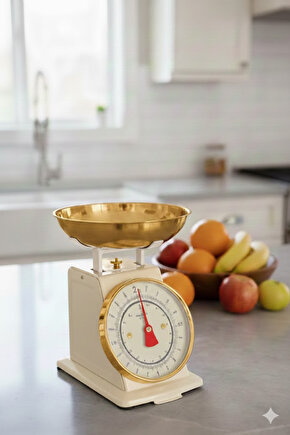 Vintage Tasarım Analog Mutfak Terazisi 5 kg Kapasiteli Pirinç Kaseli Pembe Gold