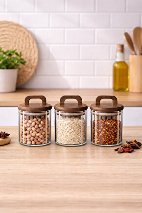 3’lü Cam Kavanoz Seti 450 ml | Ahşap Kapaklı | Gıda Saklama Kavanozu Erzak Saklama