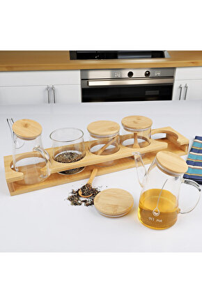 Bambulu Cam Baharatlık Salata Sos Kapları & Yağlık Seti – Kapaklı Standlı 6 Parça Düzenleyici