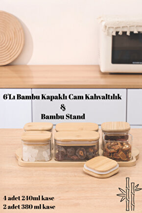 6lı Bambu Vakumlu Kapaklı Standlı Borosilikat Cam Kahvaltılık Seti