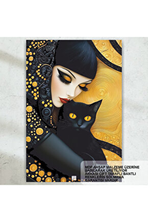 siyah kara kedi ve genç kadın yağlıboya ev dekorasyon tablo retro ahşap poster