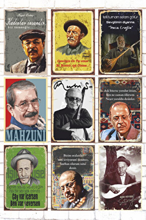 9 Parça Karışık Ahşap Tablo Seti halk müziği aşıklar ozanlar retro ahşap poster seti