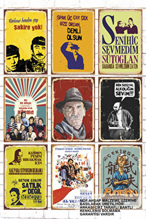 9 Parça Karışık Yazılı Ahşap Tablo Seti yeşilçam türk sineması efsaneleri retro ahşap poster seti