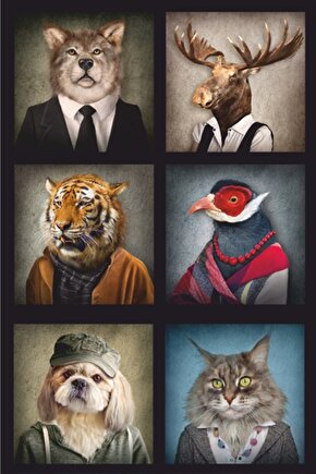 Hayvan Kafalar Kolaj Retro Ahşap Poster