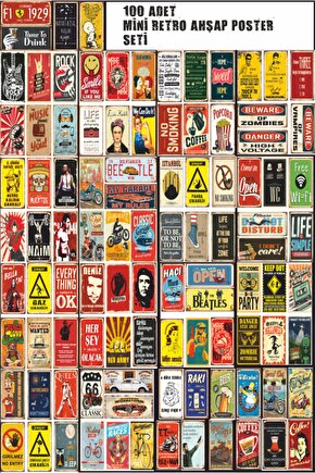 100 Adet Mini Retro Ahşap Poster Seti