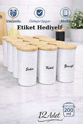 12li 200 ml Vakumlu Ahşap Kapaklı Porselen Görünümlü Akrilik Baharatlık Etiket Hediyeli
