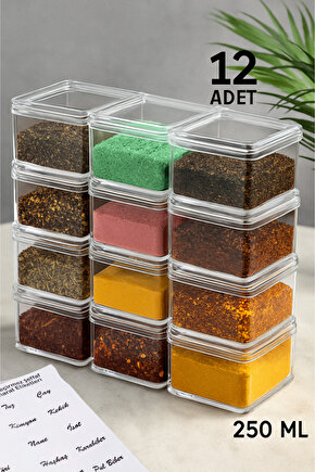 12li 250 ml Akrilik Baharatlık Seti Saklama Kabı (ŞEFFAF ETİKET HEDİYELİ)