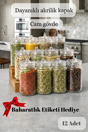 Etiketli 12 Adet Kapağı Kulplu Ve Vakumlu Baharat Takımı