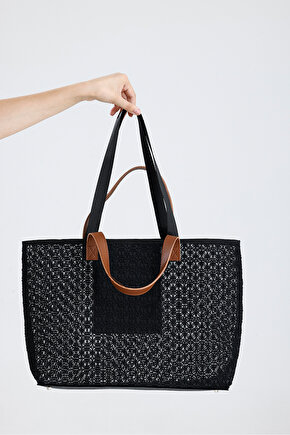 Kadın Siyah Dantel Desenli Büyük Boy Plaj Ve Alışveriş Shopper Tote Omuz Çantası